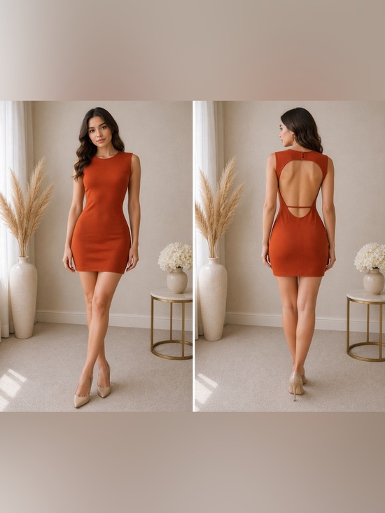 Zara Dresses & Skirts - Zara Burnt Orange Stretch Knit Open Back Mini Dress Size M